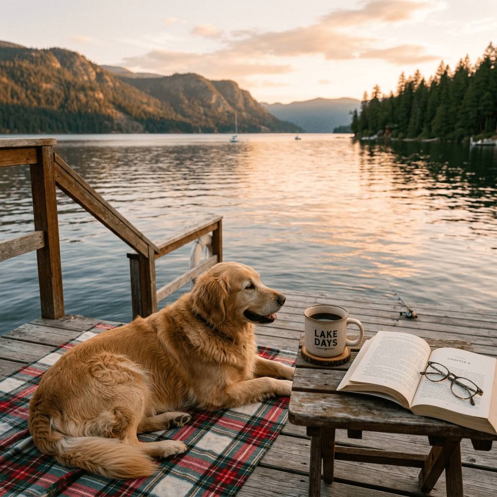 Golden retriever lying on plaid blanket on dock with open book, glasses, and coffee mug by lake